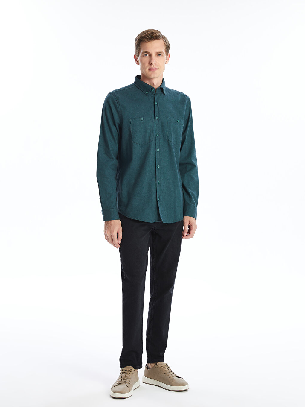 قميص رجالي كم طويل بقصة عادية من قماش الجبردين-1