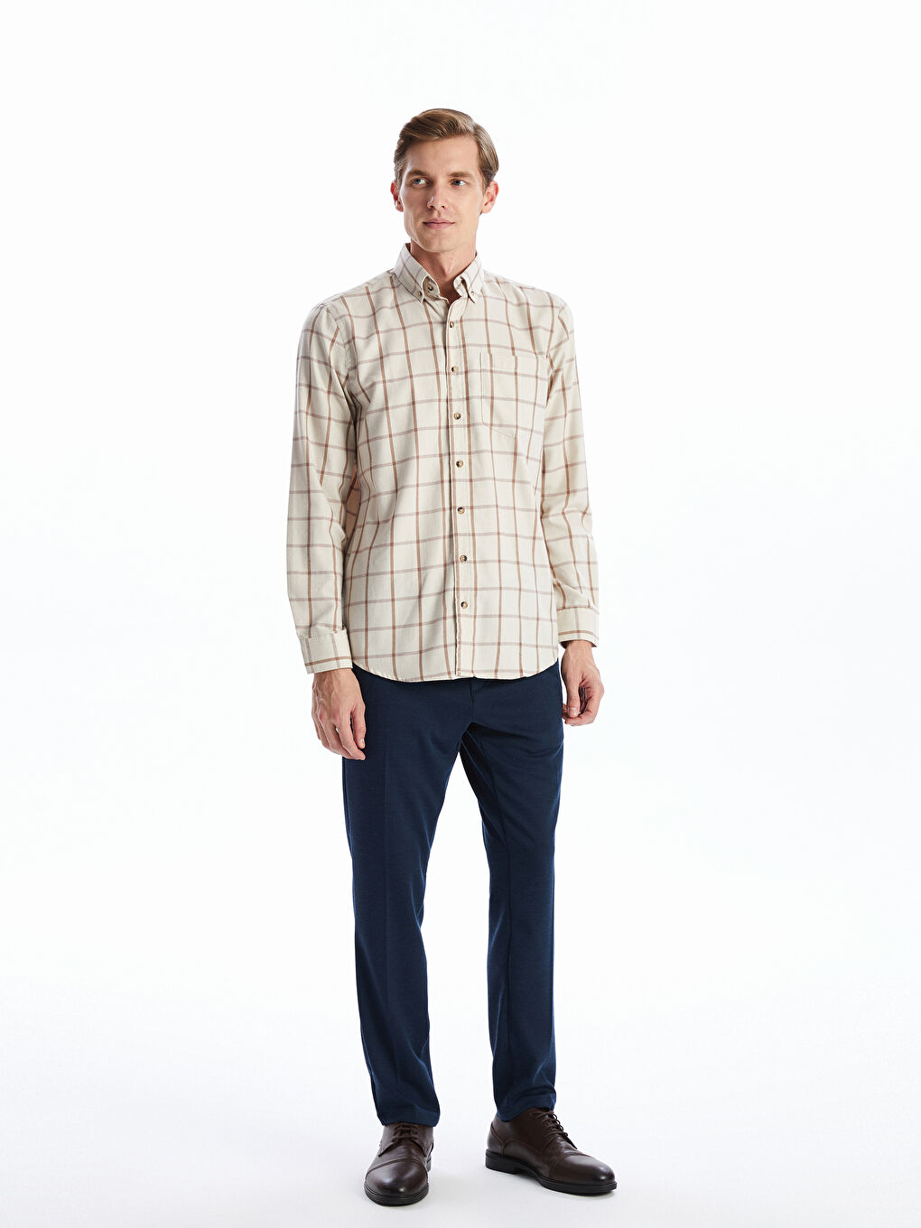 قميص فلانيل كاروهات كم طويل عادي للرجال-1