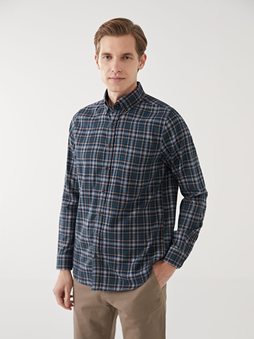 Regular Fit Long Sleeve Plaid Men's Shirt