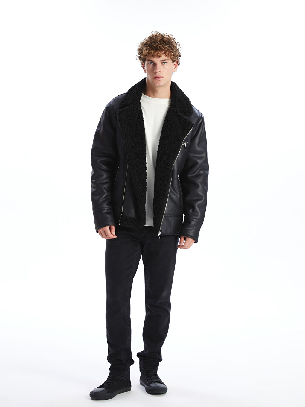 Пальто из искусственной кожи стандартного кроя с отложным воротником для мужчин-1