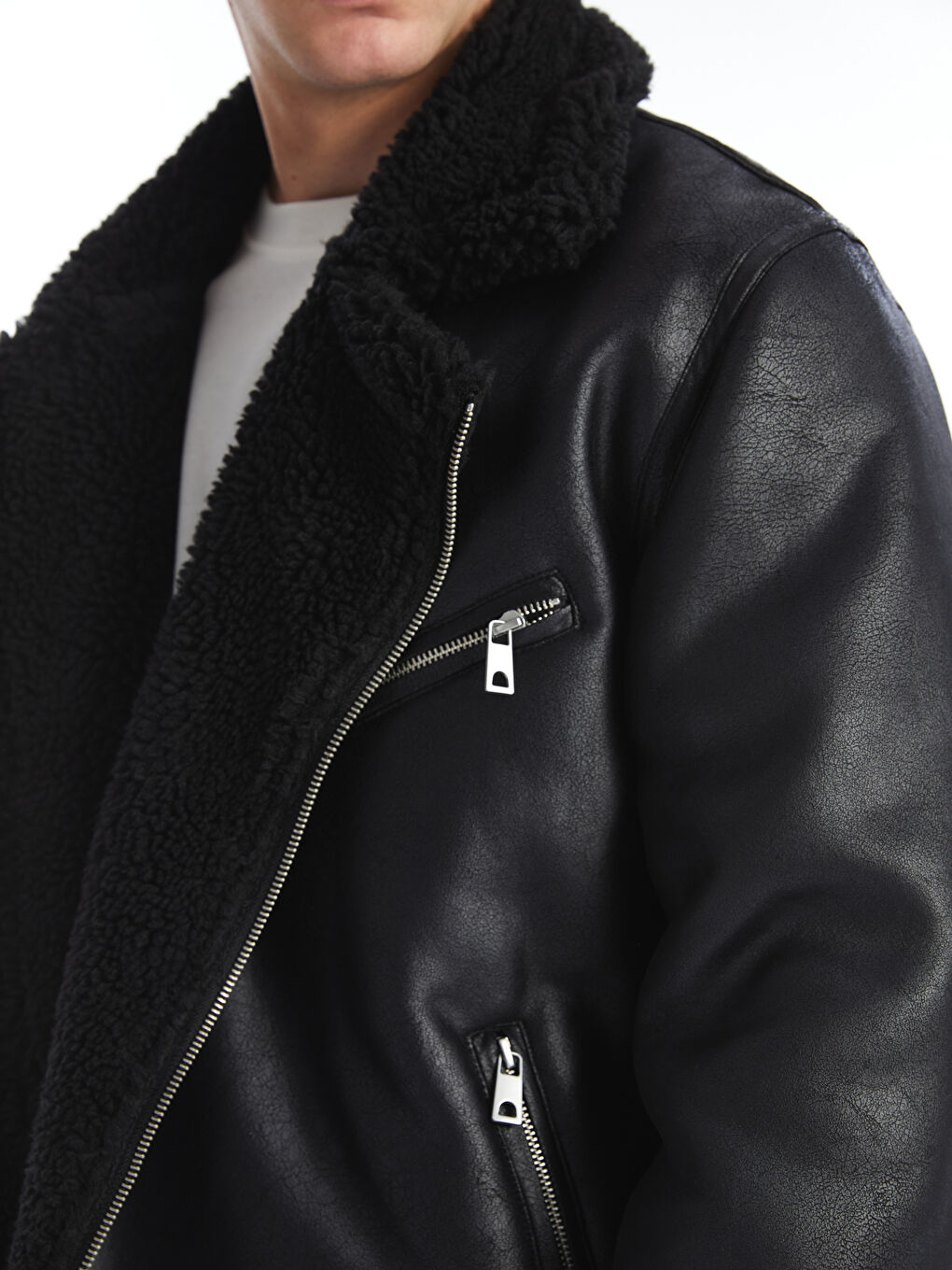 Пальто из искусственной кожи стандартного кроя с отложным воротником для мужчин-2