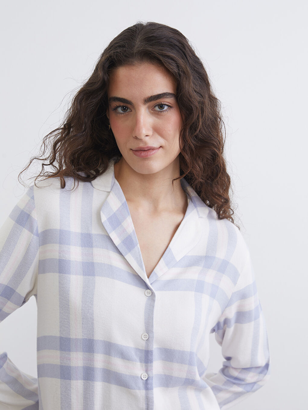 Pembe Gömlek Yaka Ekose Kadın Pijama Üstü