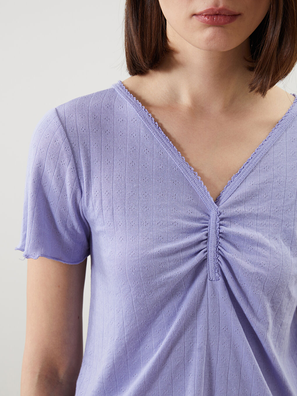 Lila V Yaka Kendinden Desenli Kadın Pijama Üstü-5