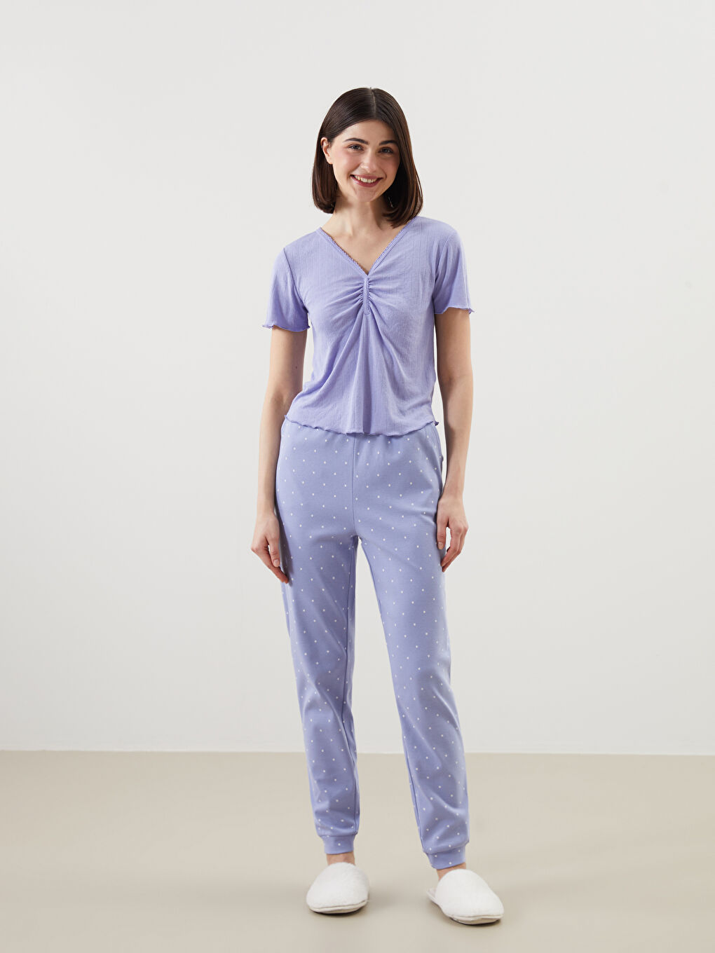 Lila V Yaka Kendinden Desenli Kadın Pijama Üstü-3