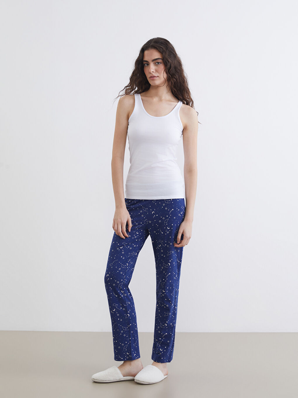 Lacivert Beli Lastikli Baskılı Kadın Pijama Altı