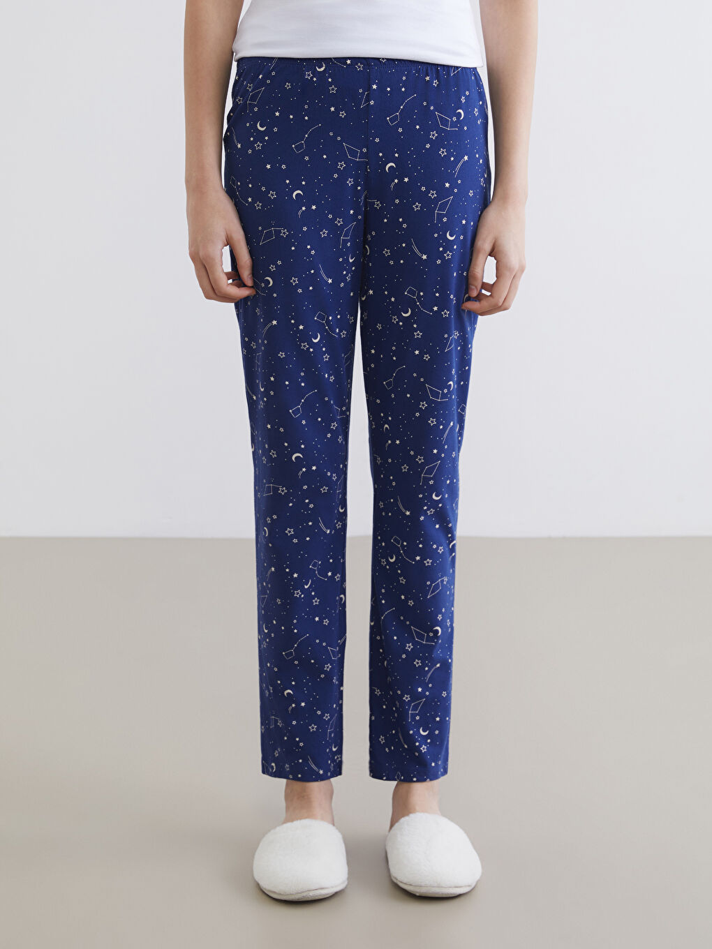 Lacivert Beli Lastikli Baskılı Kadın Pijama Altı-1