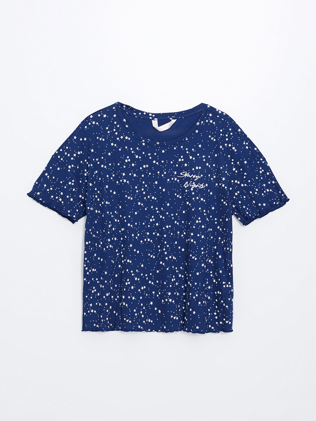 Lacivert Bisiklet Yaka Desenli Kadın Pijama Üst