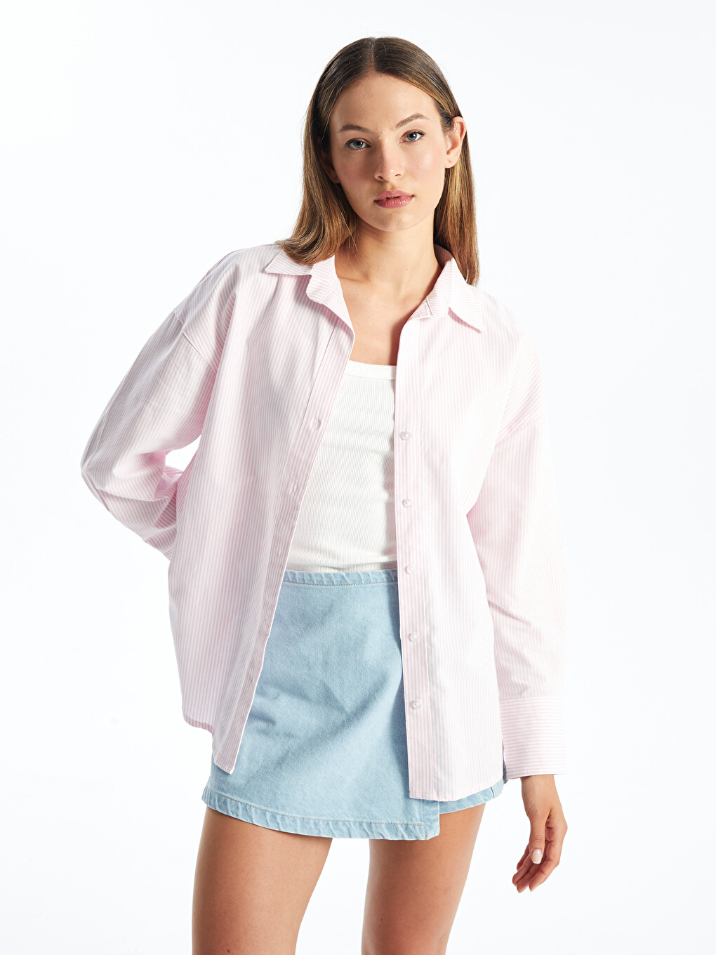 Pembe Çizgili Poplin Kadın Gömlek
