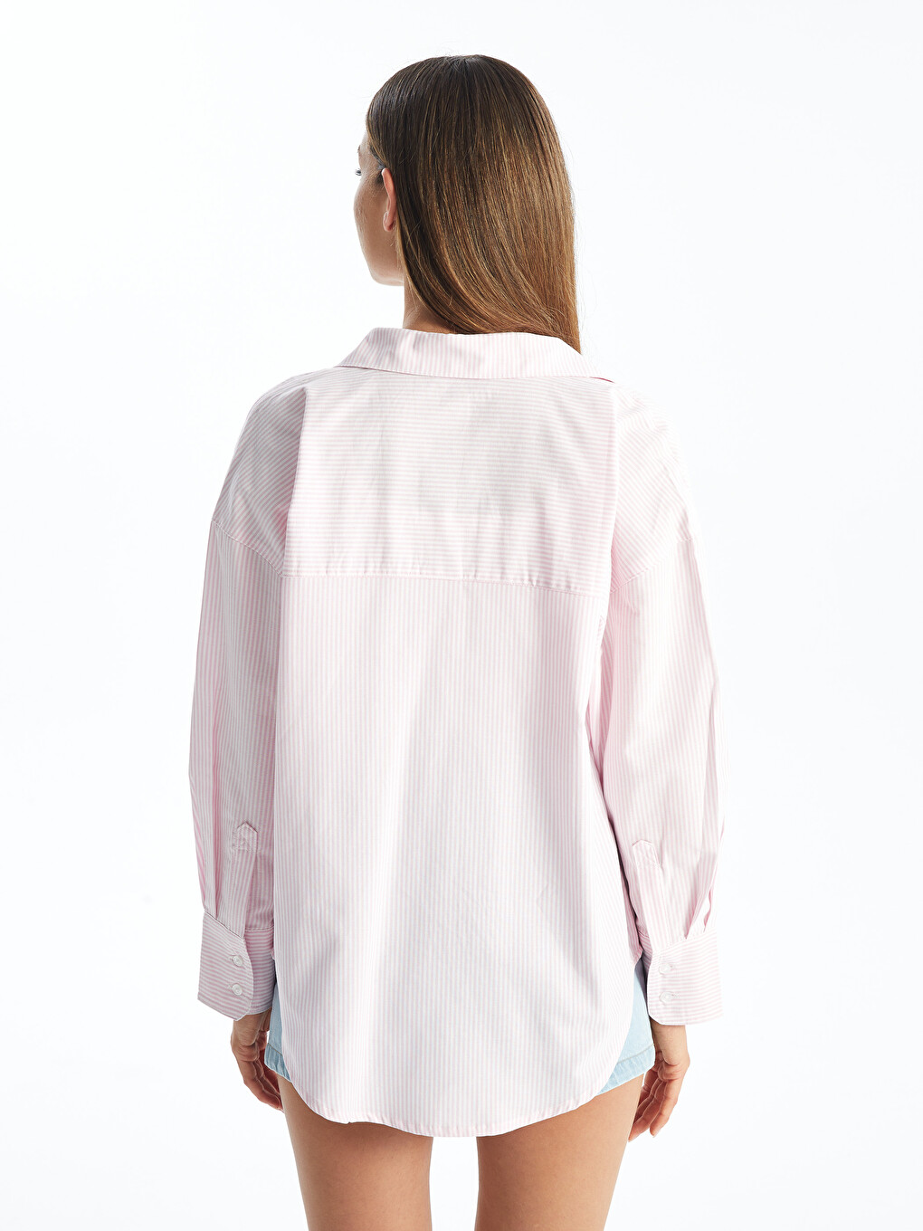 Pembe Çizgili Poplin Kadın Gömlek-3