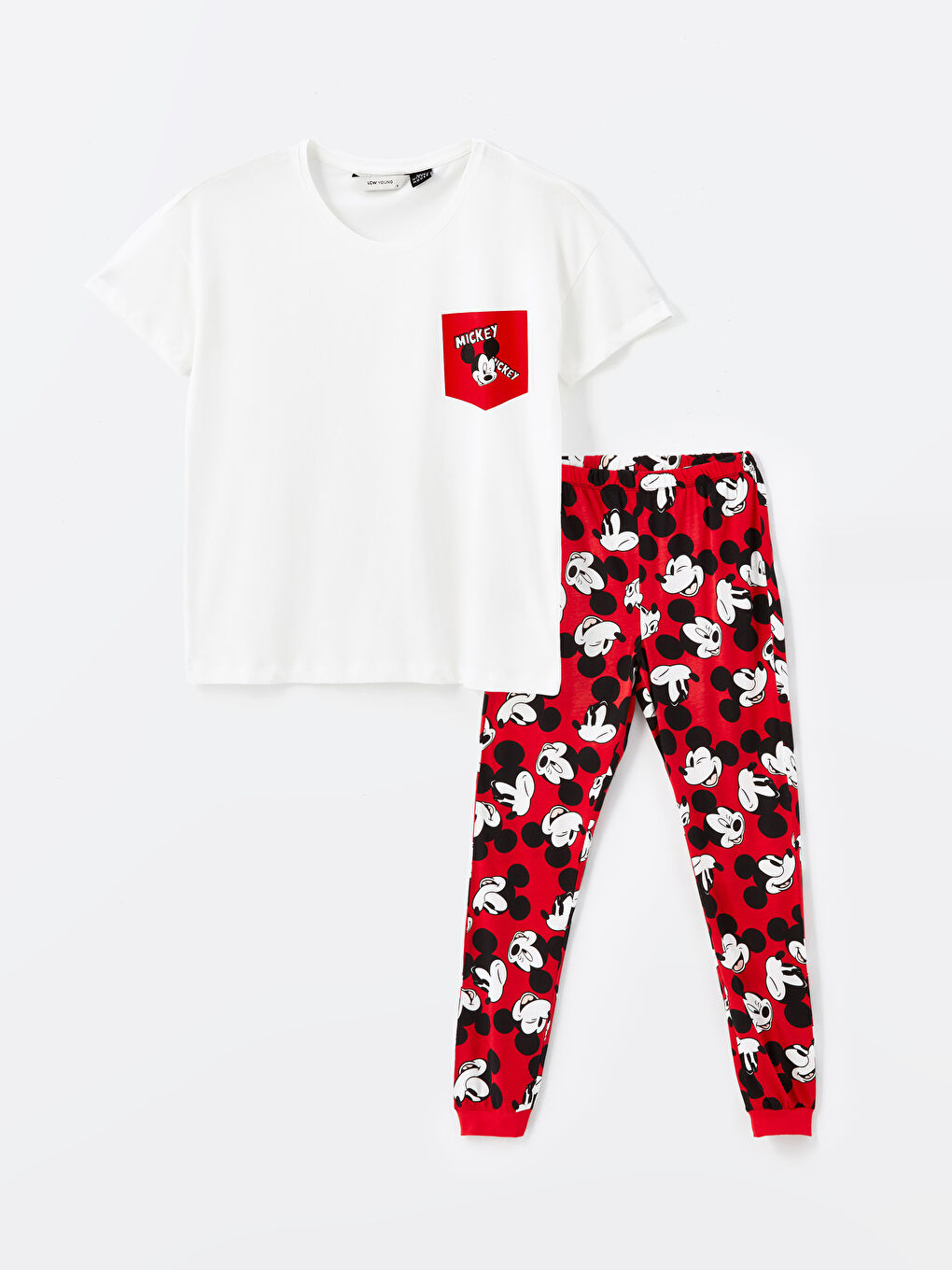 LCW Young Kırmızı Bisiklet Yaka Mickey Mouse Baskılı Kısa Kollu Kadın Pijama Takımı - 4