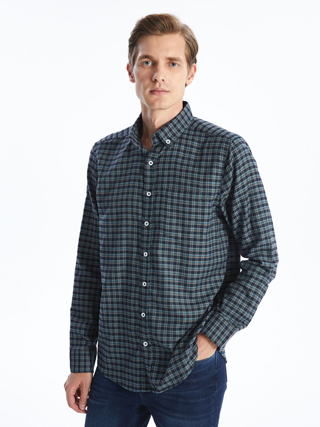 Regular Fit Long Sleeve Plaid Men's Shirt