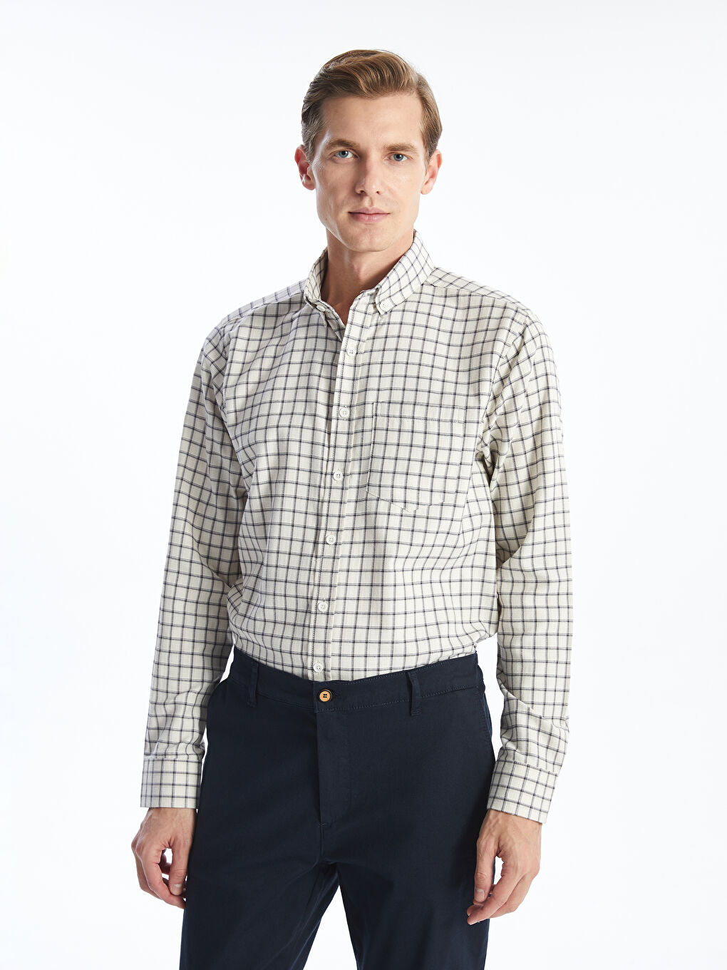 قميص كاروهات كم طويل عادي للرجال