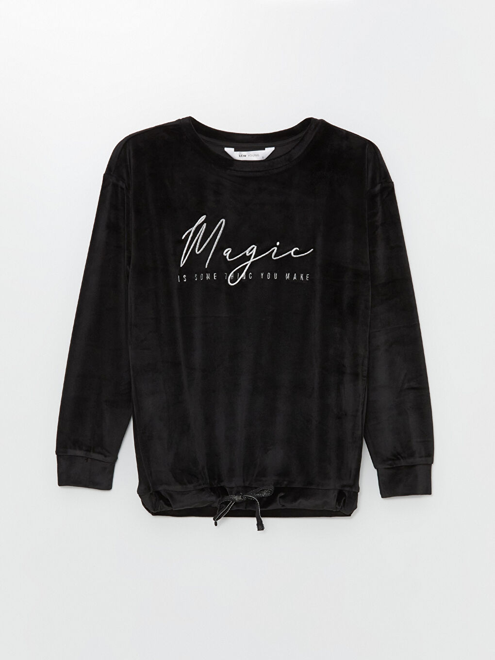 Siyah Bisiklet Yaka Nakışlı Kadife Kadın Pijama Üstü