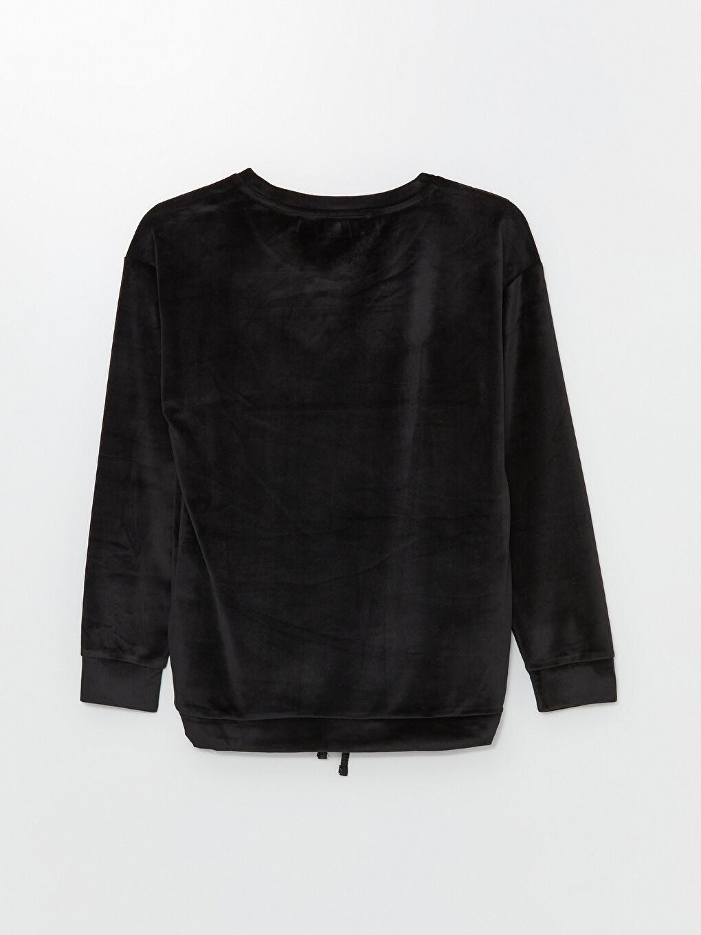 Siyah Bisiklet Yaka Nakışlı Kadife Kadın Pijama Üstü-1