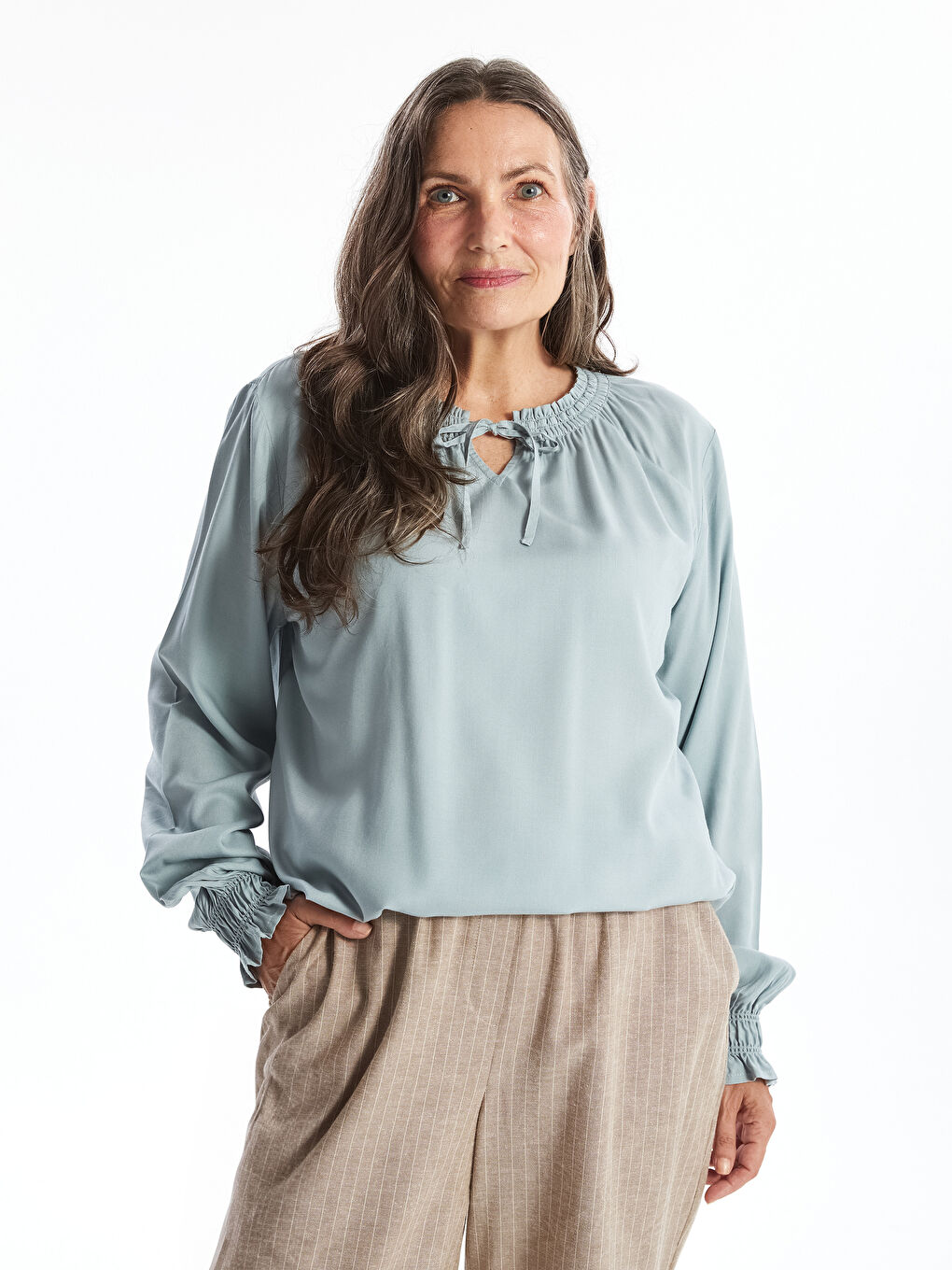 LCW Grace Tie Neck Plain Long Sleeve Women's Blouse -W44982Z8-GCB