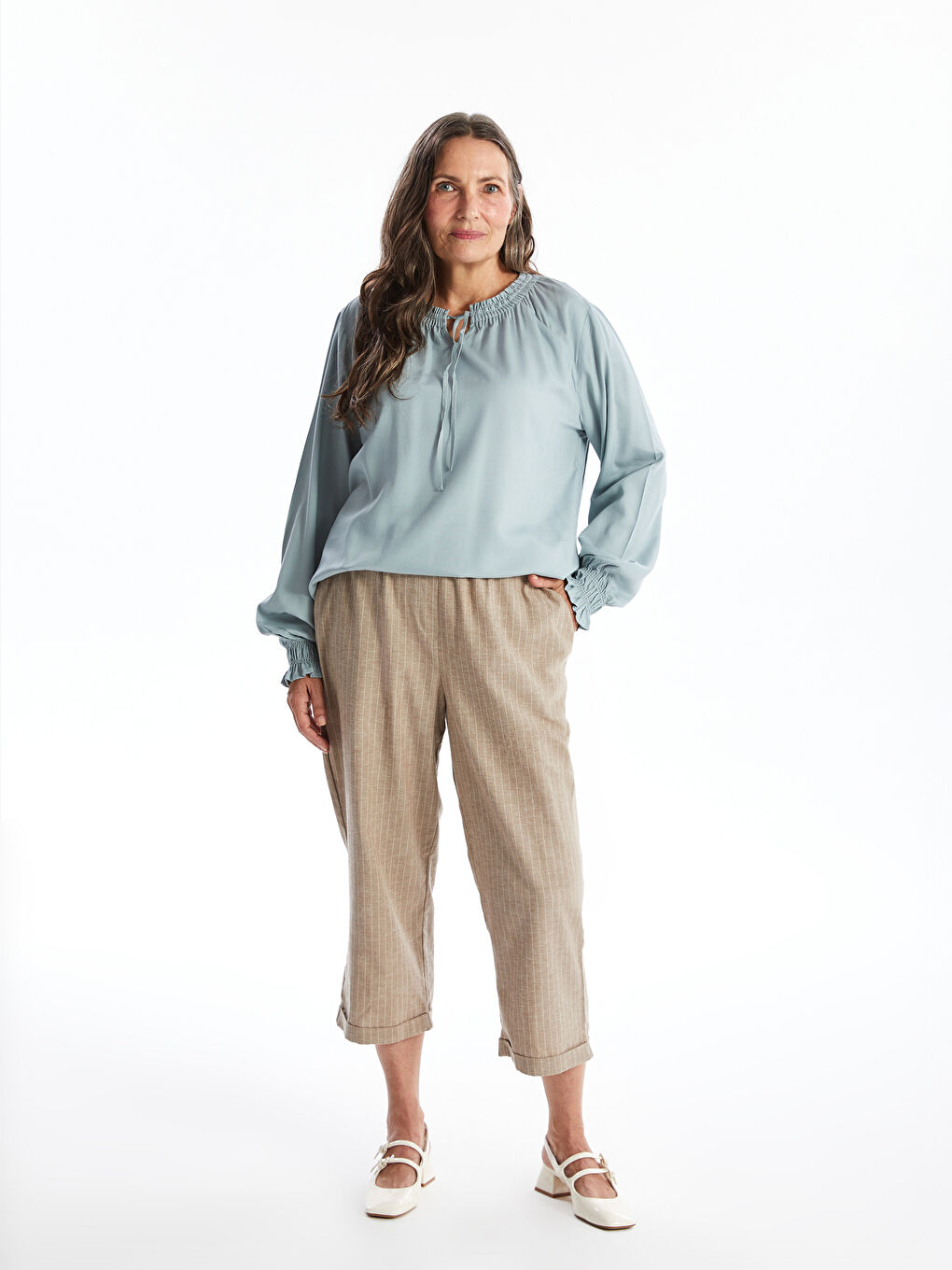 LCW Grace Tie Neck Plain Long Sleeve Women's Blouse -W44982Z8-GCB