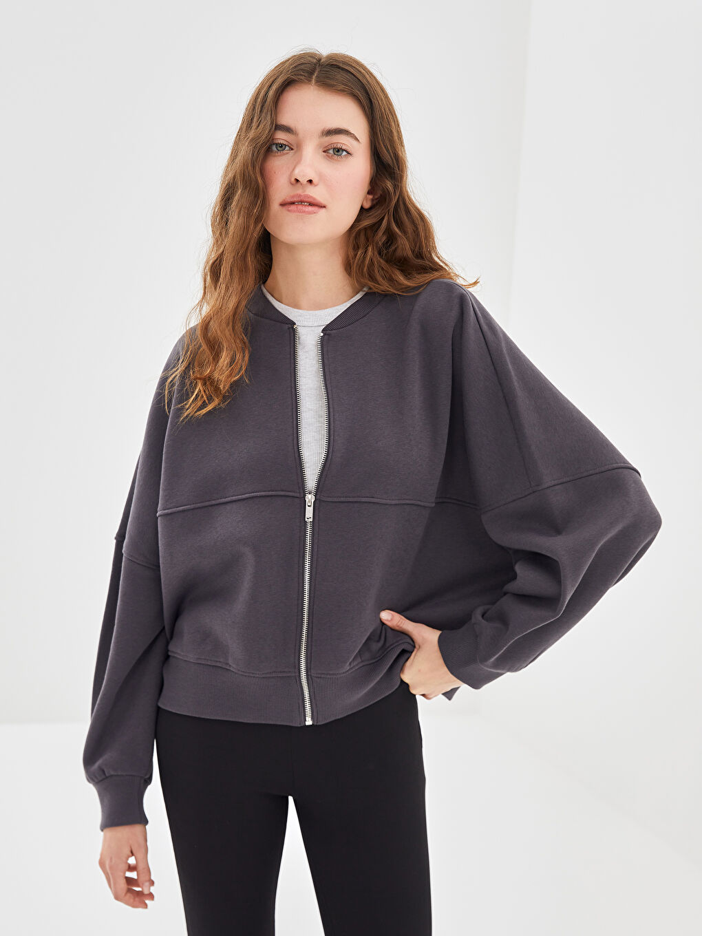 LCW Vision Antrasit Kolej Yaka Oversize Kadın Kalın Fermuarlı Sweatshirt