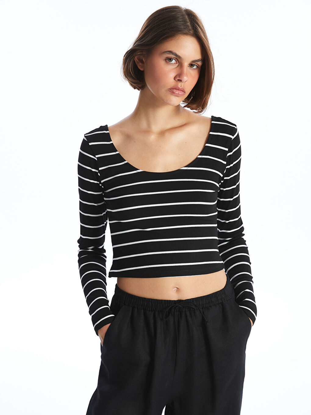 LCW Vision U Neck Striped Long Sleeve Women's Crop Top -W45106Z8-LEG