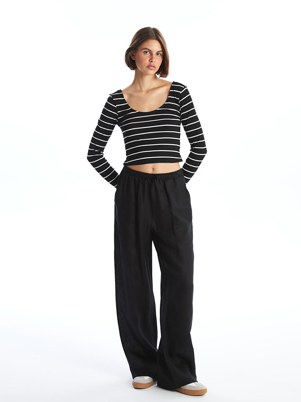 LCW Vision U Neck Striped Long Sleeve Women's Crop Top -W45106Z8-LEG