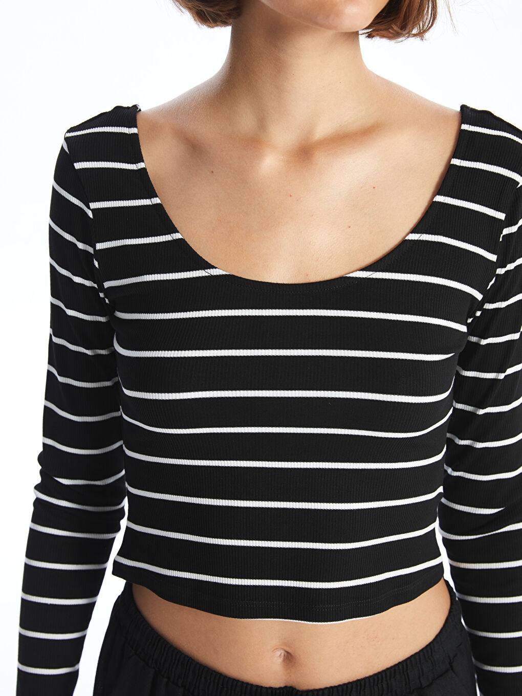 LCW Vision U Neck Striped Long Sleeve Women's Crop Top -W45106Z8-LEG
