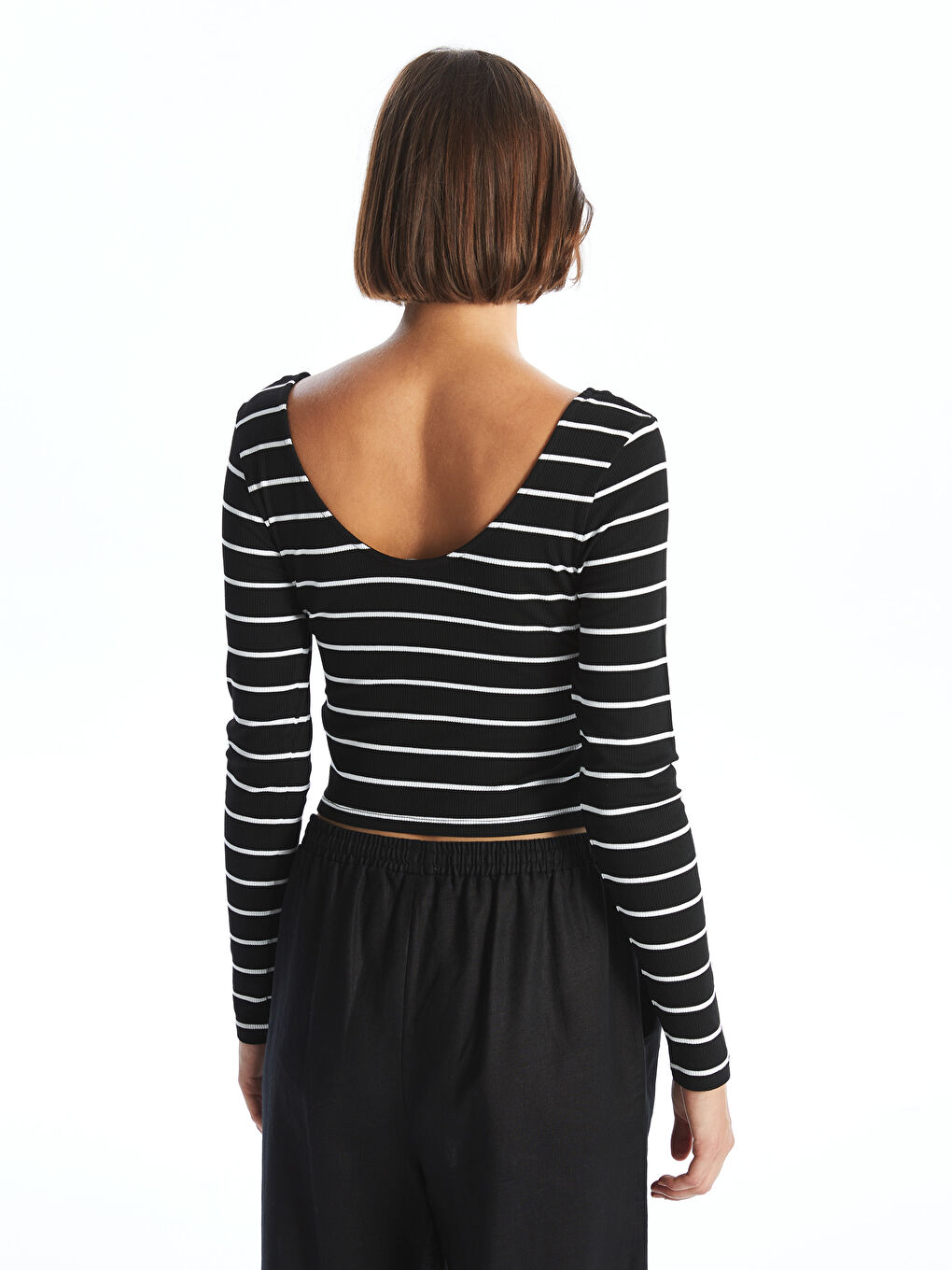 LCW Vision U Neck Striped Long Sleeve Women's Crop Top -W45106Z8-LEG