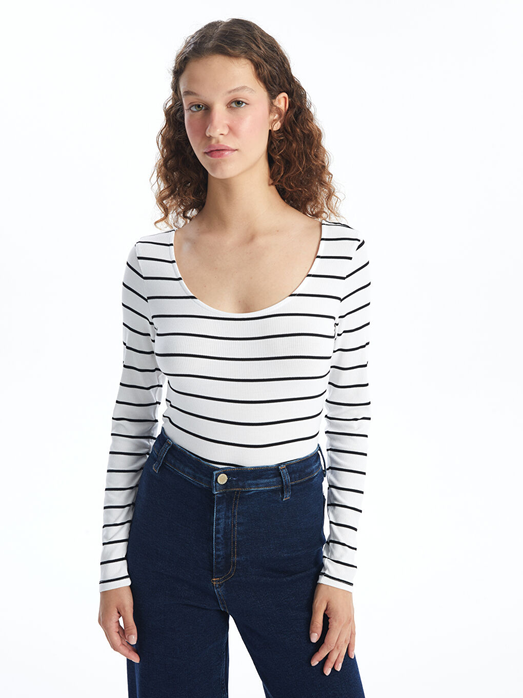 LC Waikiki U Neck Striped Long Sleeve Women's Crop Top -W45106Z8-SZ5