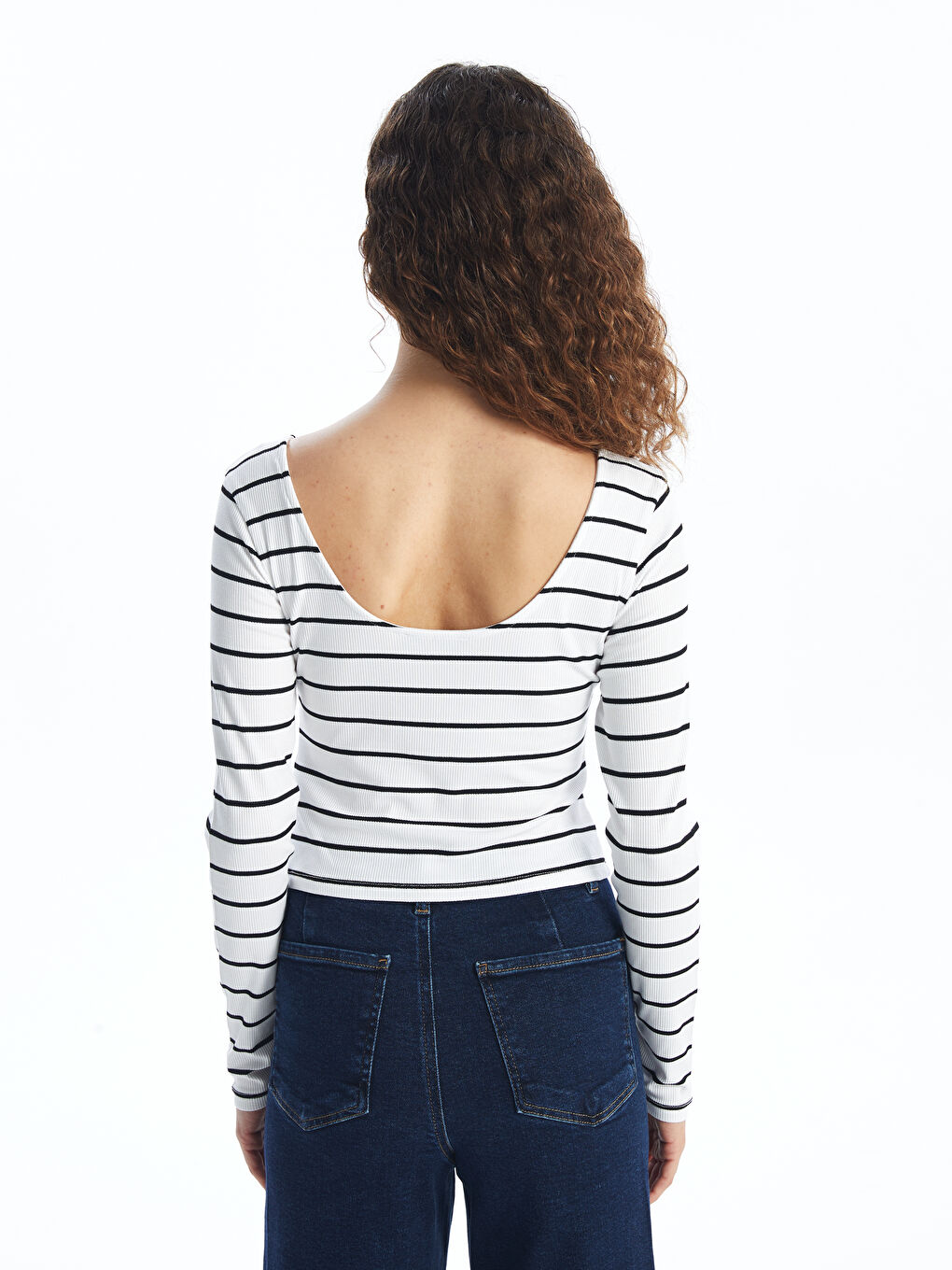 LC Waikiki U Neck Striped Long Sleeve Women's Crop Top -W45106Z8-SZ5
