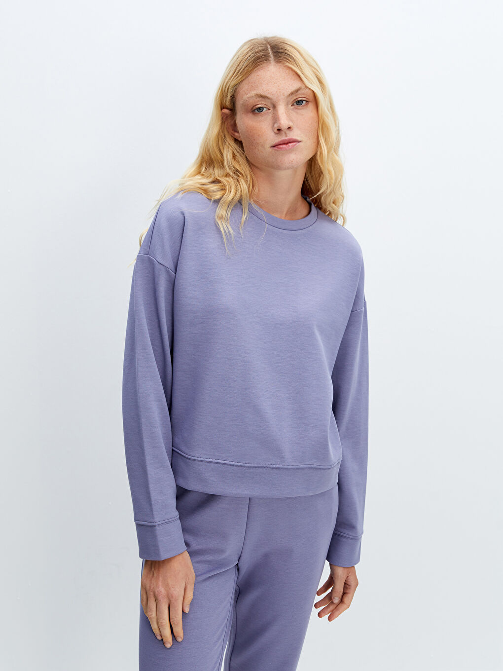 LCW Vision Mat Lila Bisiklet Yaka Oversize Kadın Sweatshirt