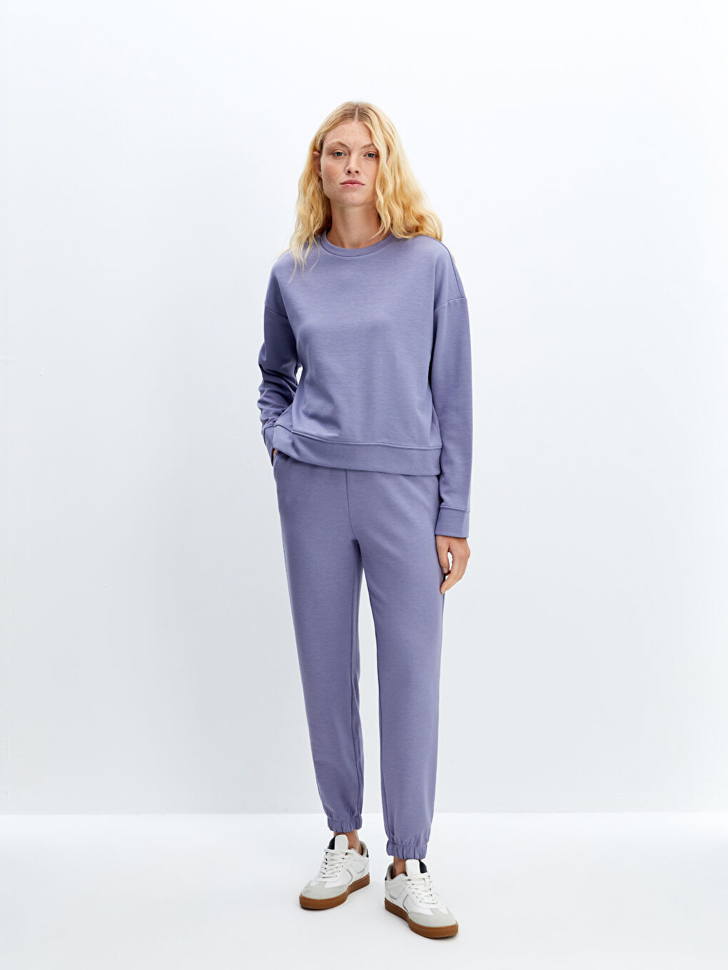 LCW Vision Mat Lila Bisiklet Yaka Oversize Kadın Sweatshirt - 1