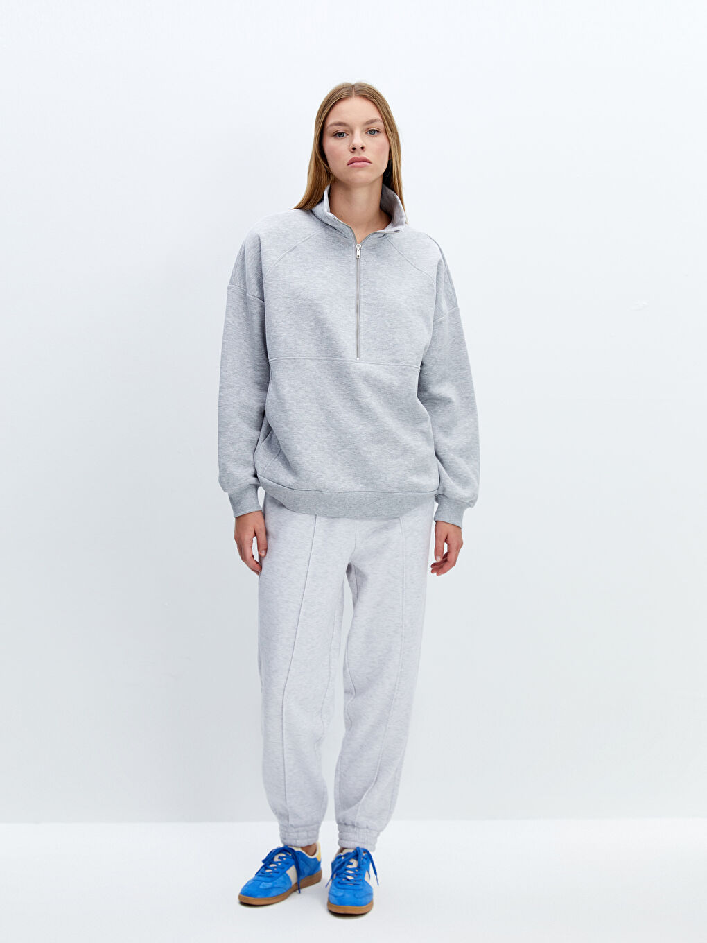 LCW Vision Gri Melanj Dik Yaka Oversize Kadın Kalın Sweatshirt - 1