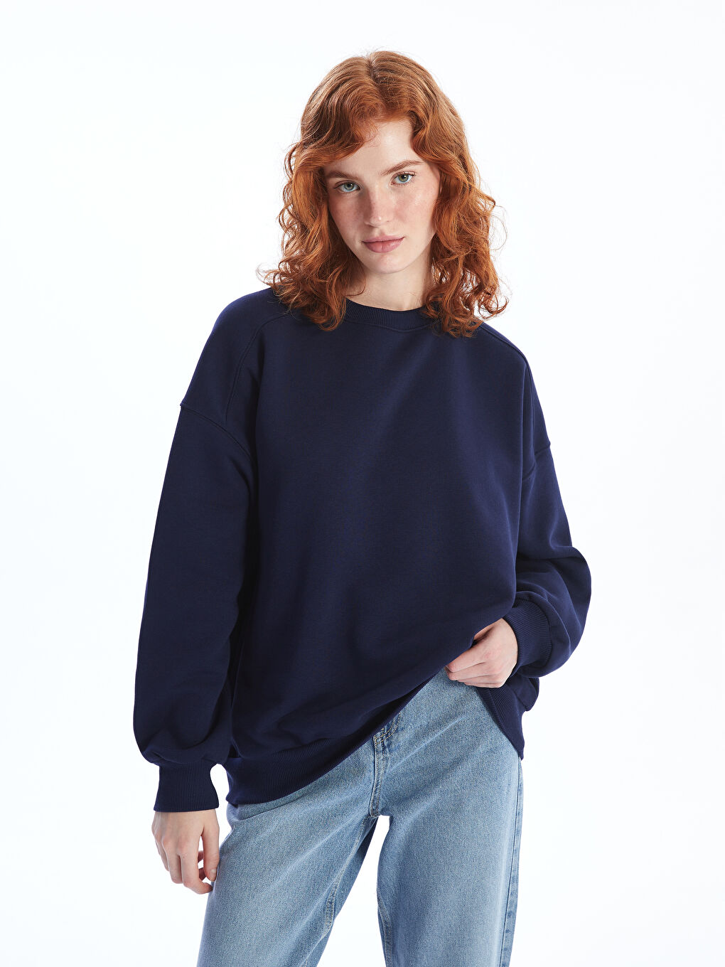 LCW Vision Lacivert Bisiklet Yaka Oversize Kadın Kalın Sweatshirt