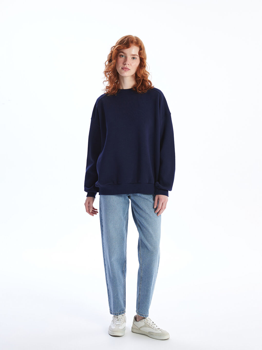 LCW Vision Lacivert Bisiklet Yaka Oversize Kadın Kalın Sweatshirt - 1