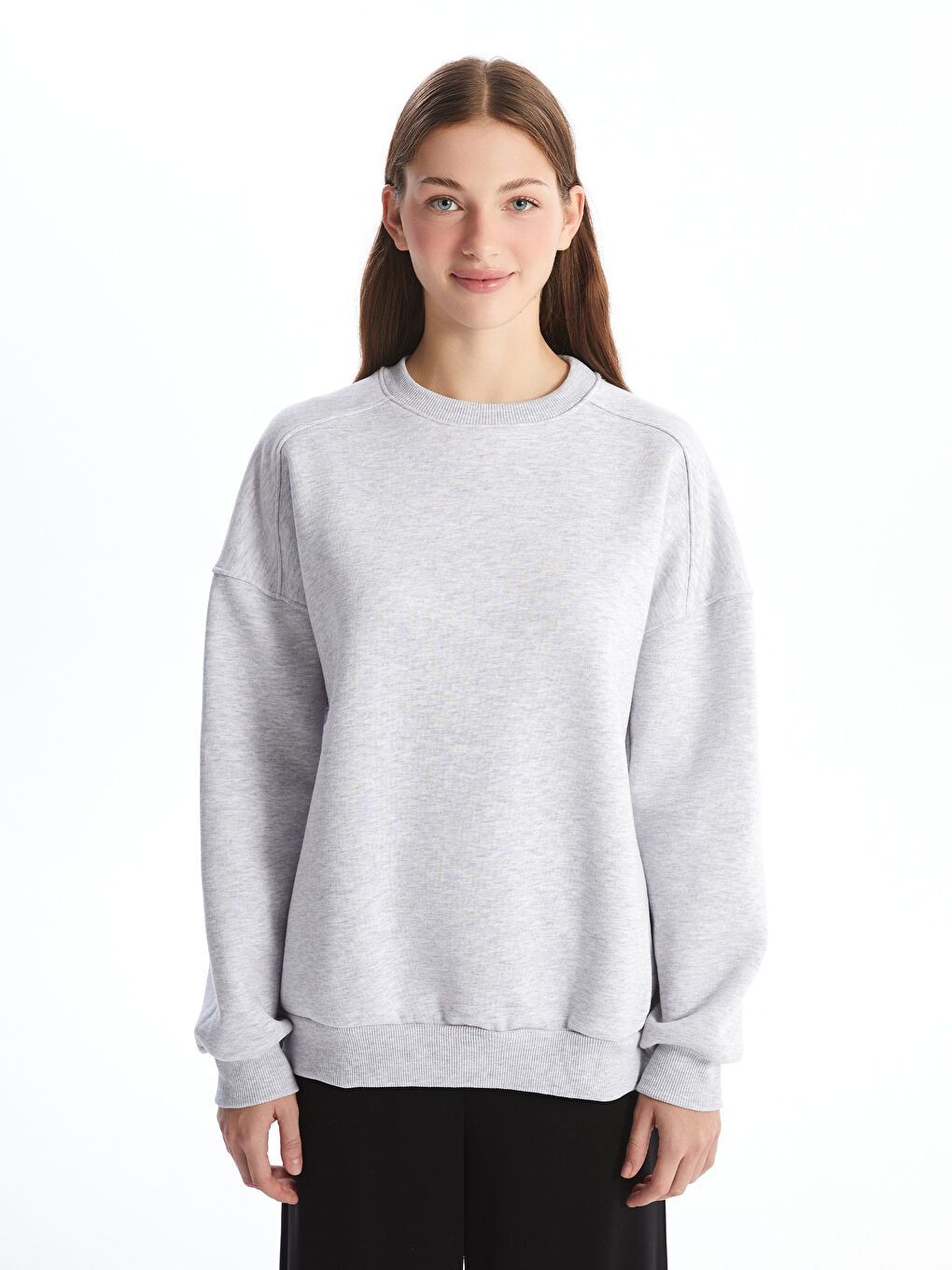 LCW Vision Gri Melanj Bisiklet Yaka Oversize Kadın Sweatshirt