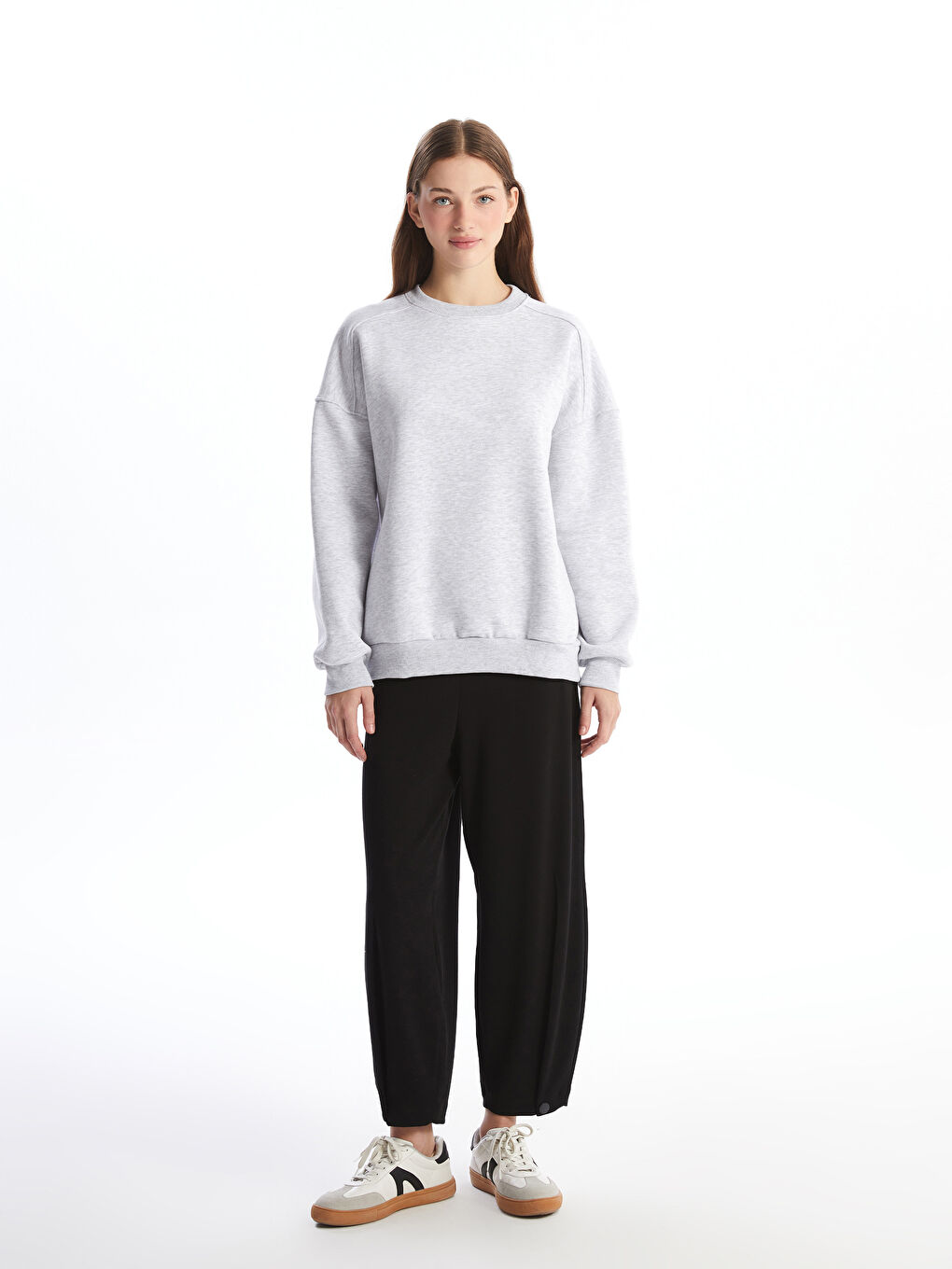 LCW Vision Gri Melanj Bisiklet Yaka Oversize Kadın Sweatshirt - 1