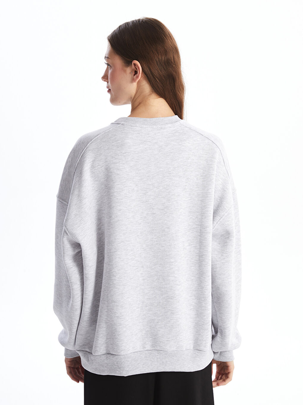 LCW Vision Gri Melanj Bisiklet Yaka Oversize Kadın Kalın Sweatshirt - 3