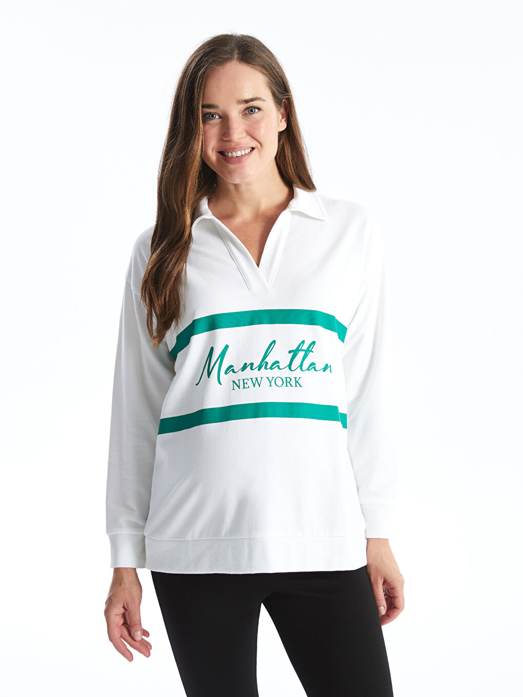 LCWAIKIKI Maternity Polo Neck Embroidered Oversize Maternity Sweatshirt -W45372Z8-FFB