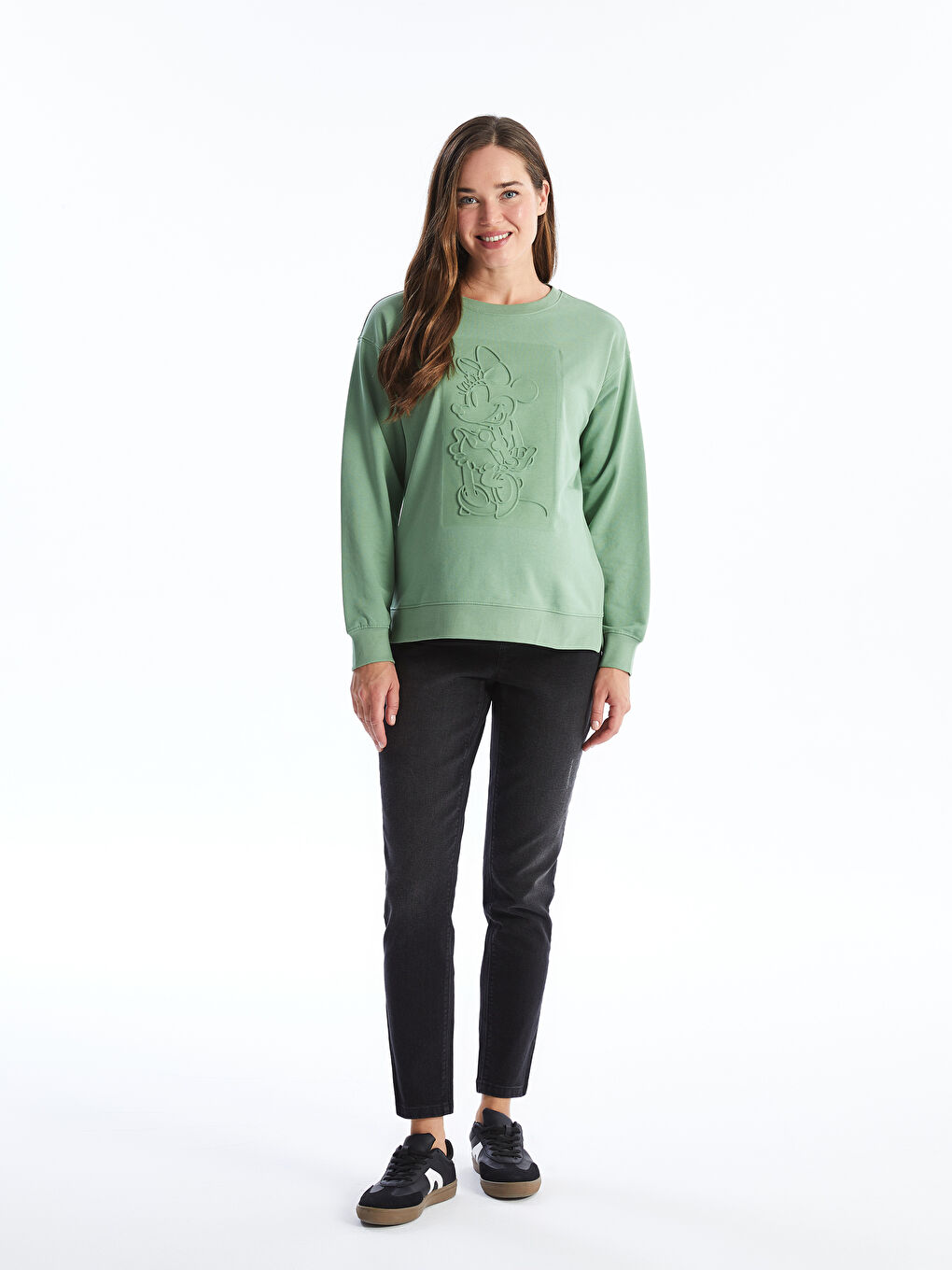 Hanorac Supradimensionat pentru Femei cu Guler Rotund Imprimat Mickey Mouse-1