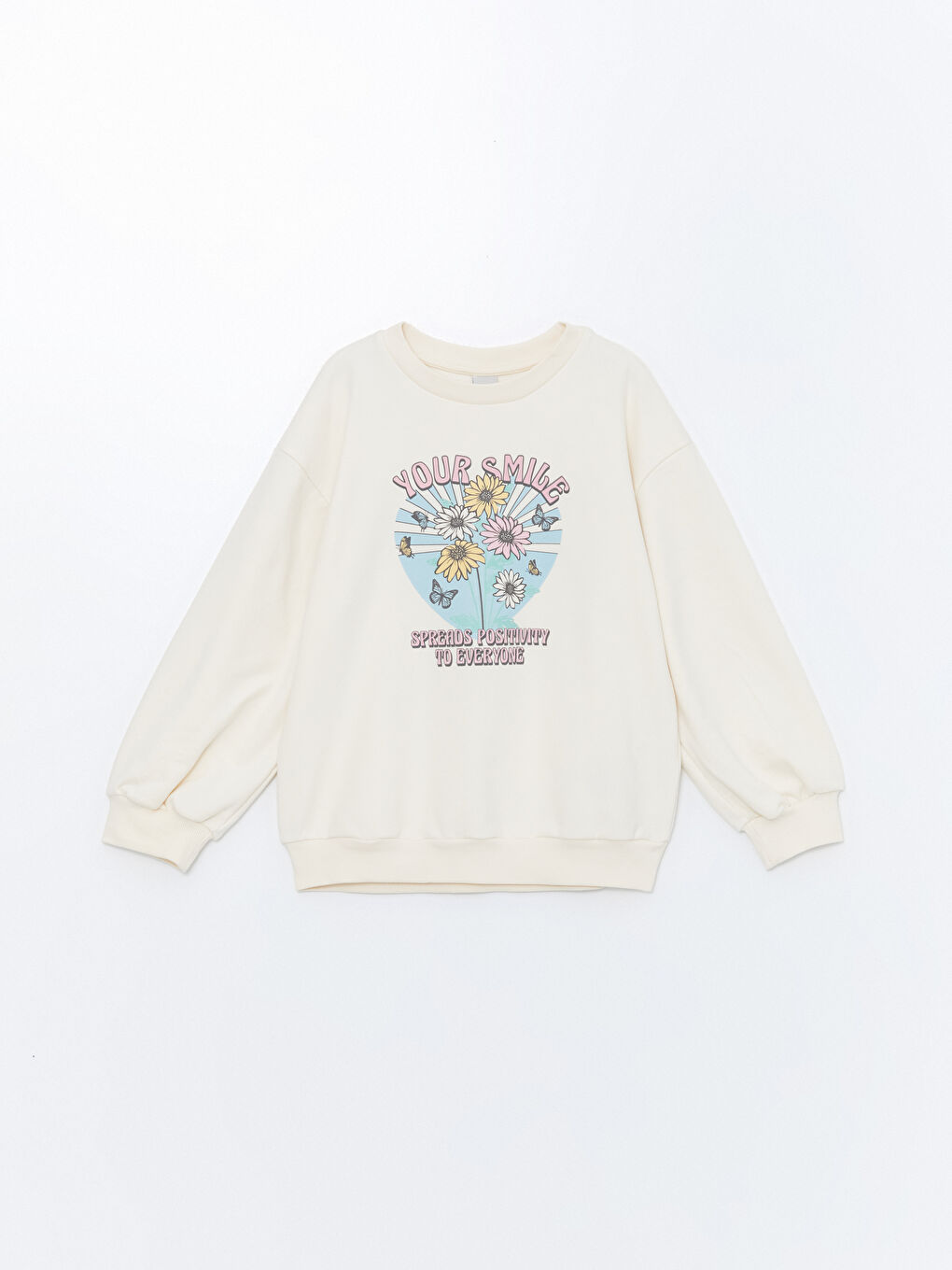 LCW Kids Ekru Bisiklet Yaka Çiçekli Kız Çocuk Sweatshirt