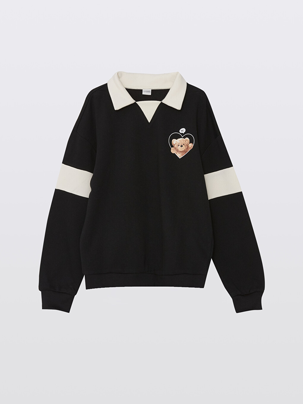 Siyah Polo Yaka Ayı Teddy Baskılı Kız Çocuk Sweatshirt