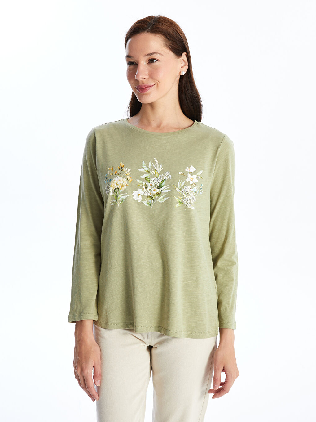 LCW Grace Crew Neck Patterned Long Sleeve Women's Blouse -W45464Z8-GHY