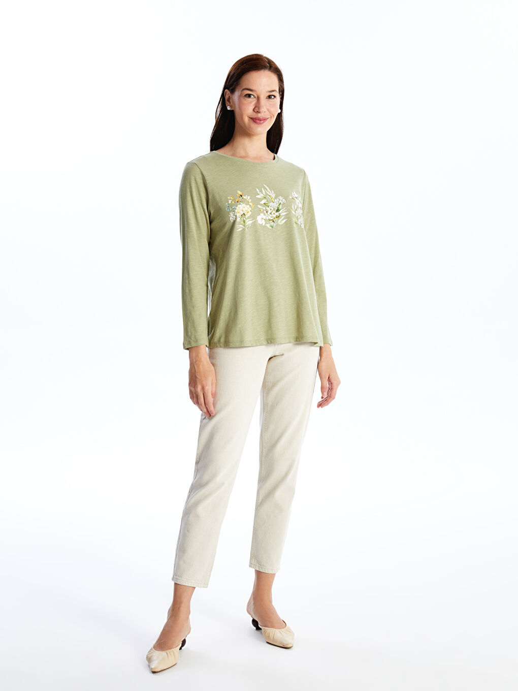 LCW Grace Crew Neck Patterned Long Sleeve Women's Blouse -W45464Z8-GHY
