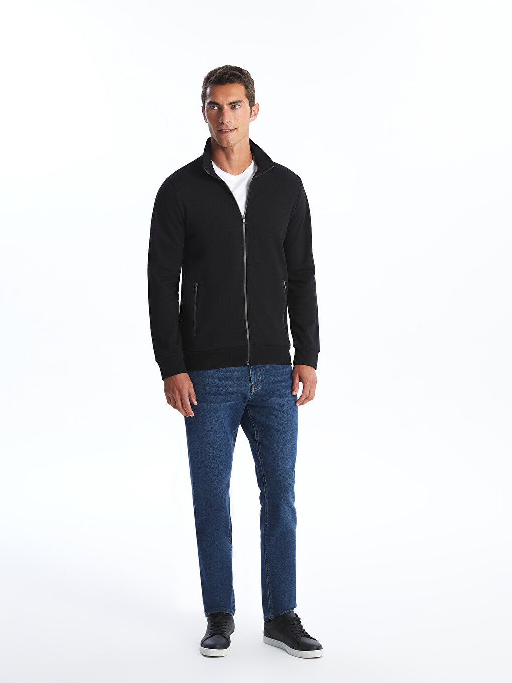 Siyah Dik Yaka Uzun Kollu Erkek Fermuarlı Sweatshirt-4