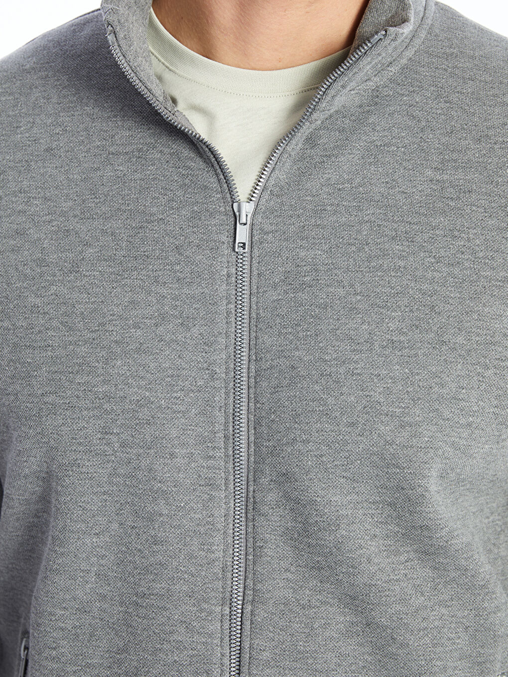 Gri Dik Yaka Uzun Kollu Erkek Fermuarlı Sweatshirt-2