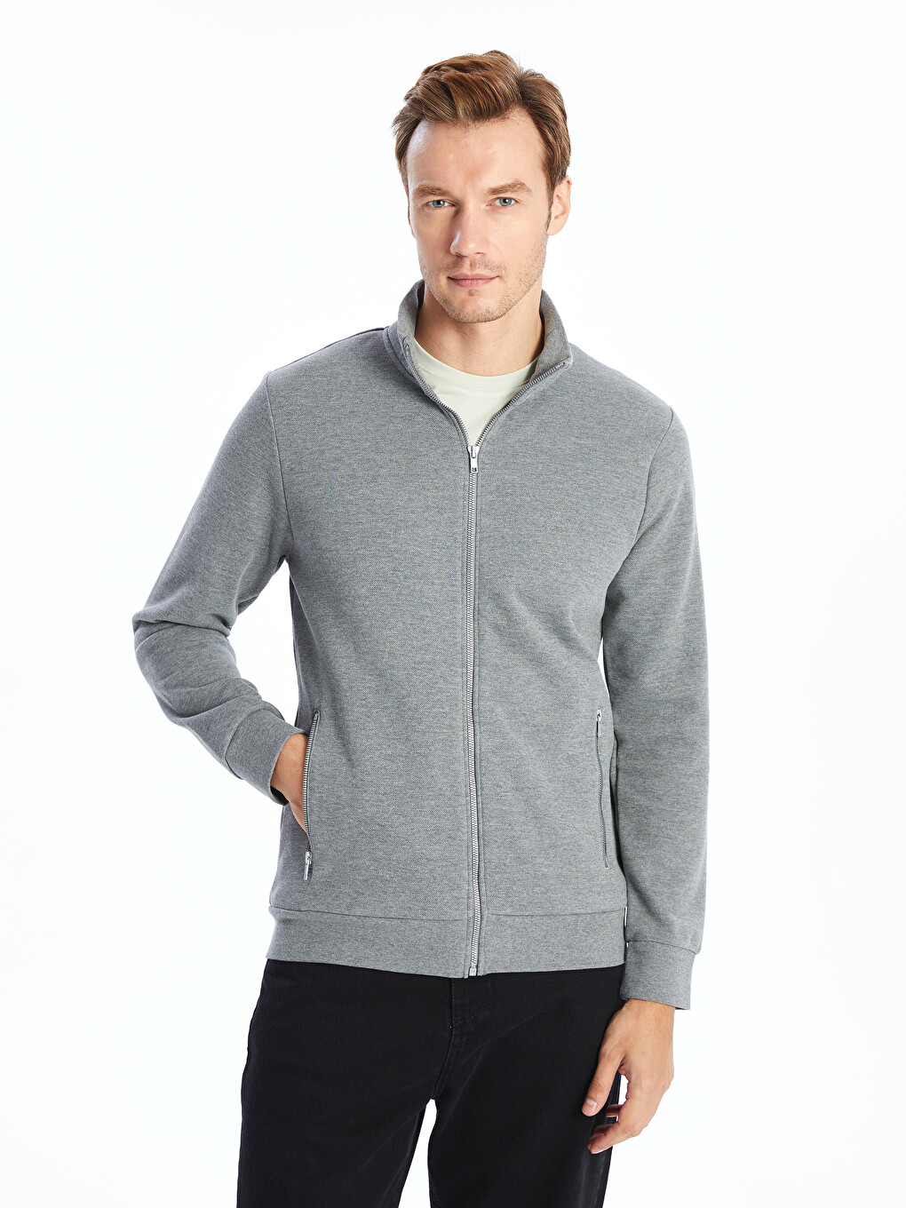 Gri Dik Yaka Uzun Kollu Erkek Fermuarlı Sweatshirt