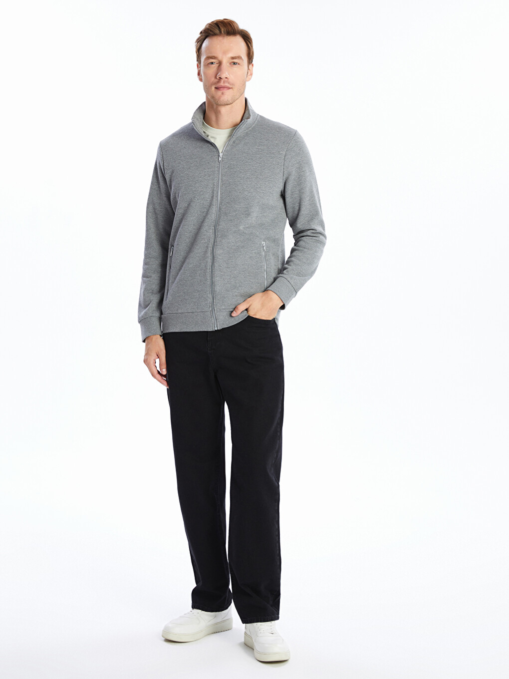 Gri Dik Yaka Uzun Kollu Erkek Fermuarlı Sweatshirt-1