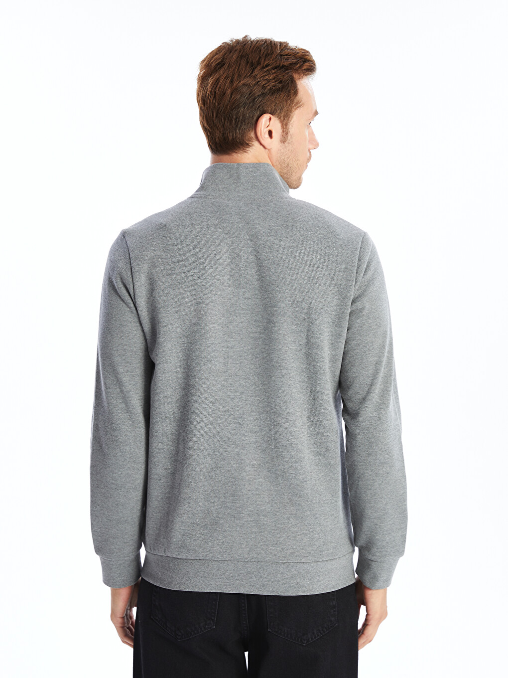 Gri Dik Yaka Uzun Kollu Erkek Fermuarlı Sweatshirt-3