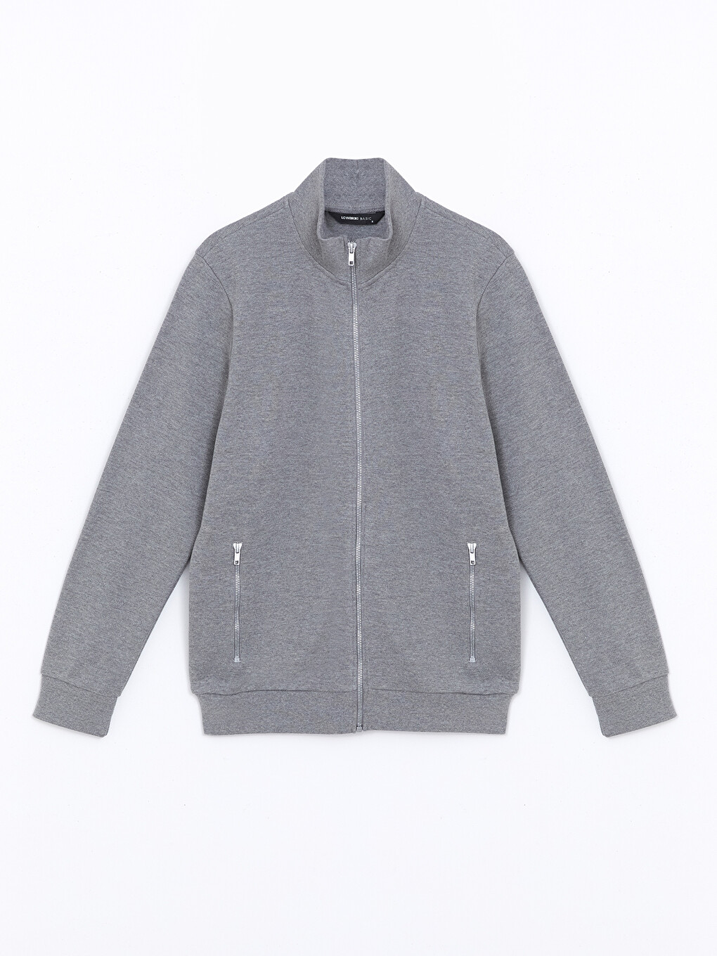 Gri Dik Yaka Uzun Kollu Erkek Fermuarlı Sweatshirt-4