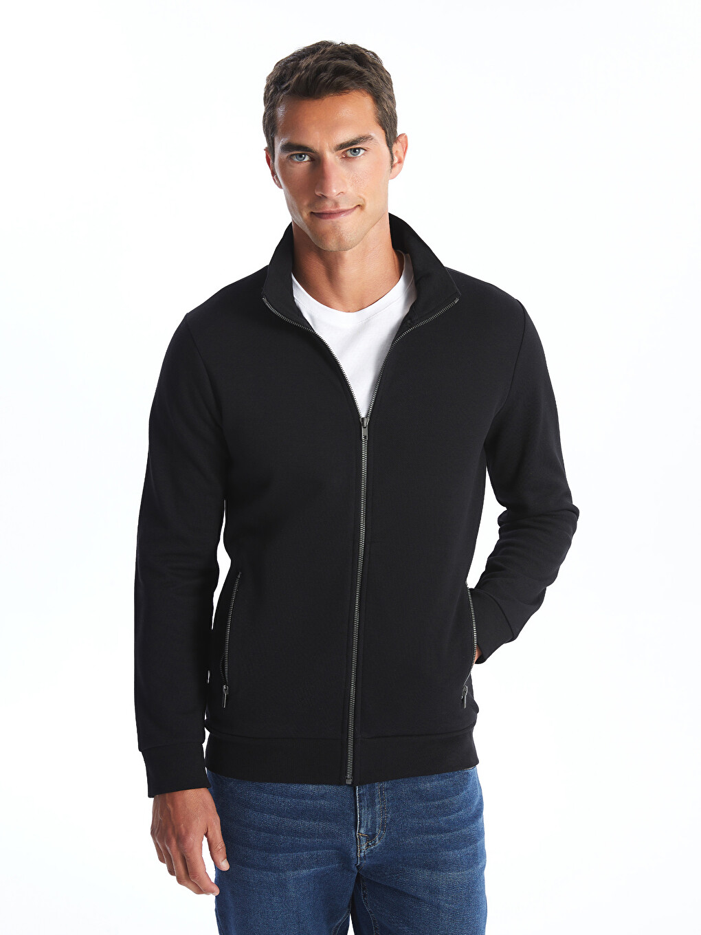 Siyah Dik Yaka Uzun Kollu Erkek Fermuarlı Sweatshirt-1