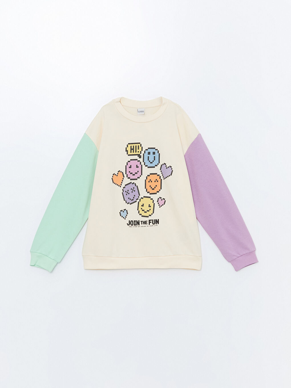 LCW Kids Bej Bisiklet Yaka Baskılı Uzun Kollu Kız Çocuk Sweatshirt