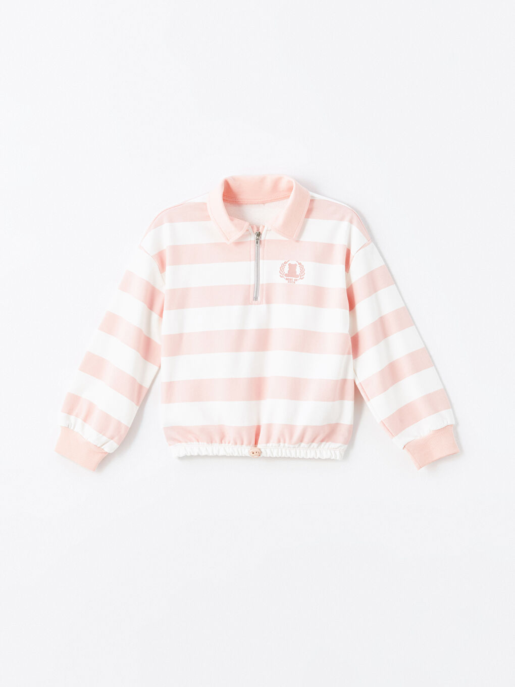 LCW Kids Pembe Çizgili Polo Yaka Çizgili Uzun Kollu Kız Çocuk Sweatshirt